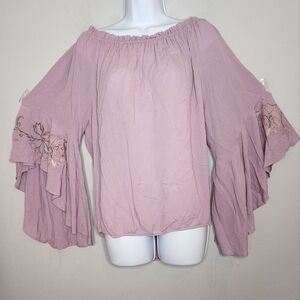 Soho flare ruffle sleeve embroidered purple lavender‎ boho blouse Size large